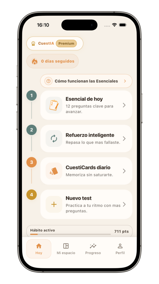 Pantalla de inicio de Cuestívate con el plan de estudio diario